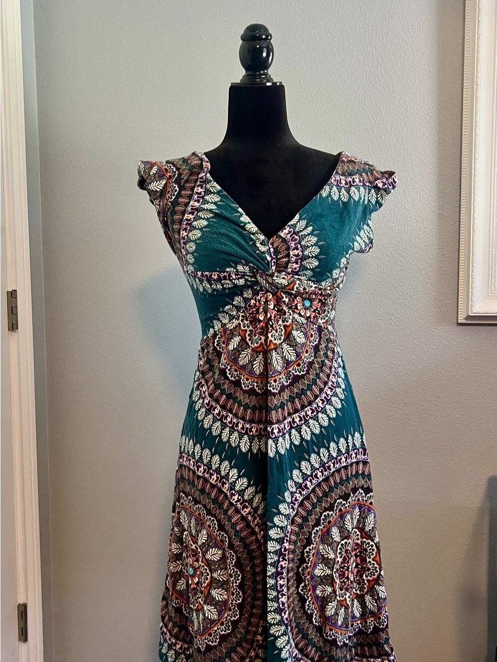 Boho Teal V-Neck Midi Dress with Knot Front